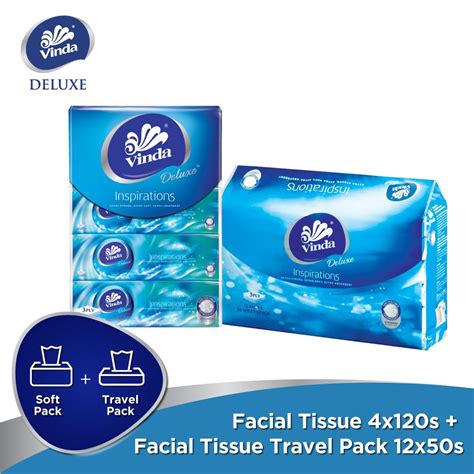 Vinda Deluxe Soft Pack Facial Tissue Large 3ply (4x120s) + Vinda Deluxe Multi Travel Pack Facial ...