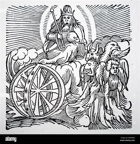 Engraving depicting Ezekiel's vision of a chariot in the sky. Dated ...