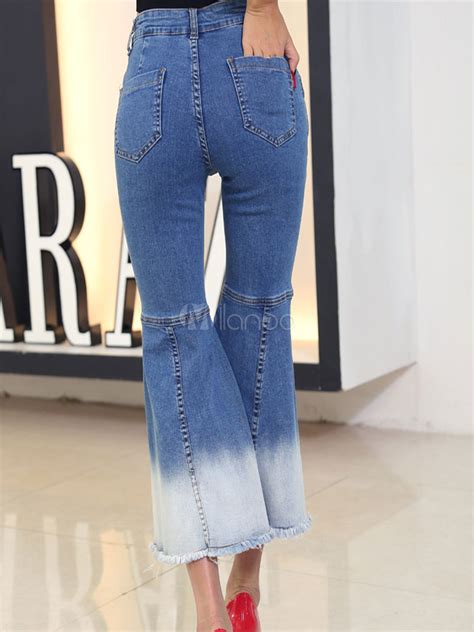 Women Denim Jeans Blue Two Tone Bell Flare Pants - Milanoo.com