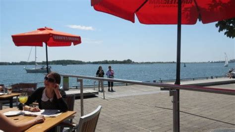 View of Lake Ontario from Amsterdam Brewhouse on the Lake Toronto Harbourfront, Quay West ...