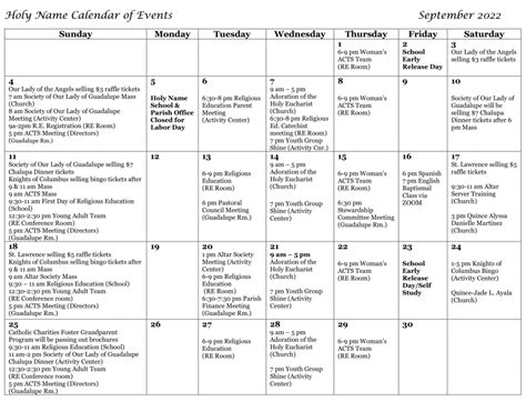 September 2022 Calendar of Events | Holy Name Catholic Church