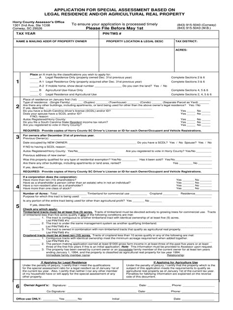 SC Application for Special Assessment Based on Legal Residence and/or ...