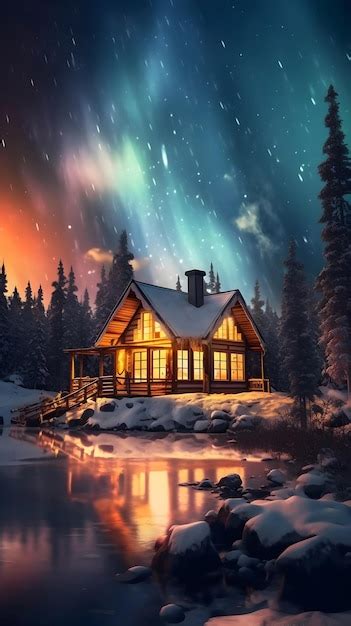 Premium AI Image | A cabin by the lake in winter