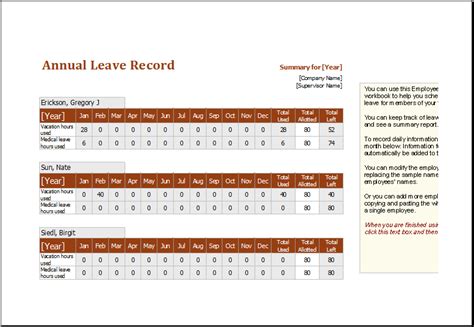 Employee Annual Leave Record Spreadsheet Editable MS Excel Template | Excel Templates | Annual ...