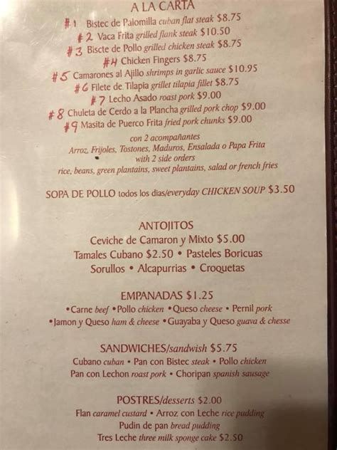 Menu at Havana restaurant, Newark