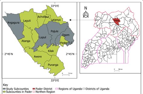 Study sub-counties in Pader district, Northern Uganda (Source: QGIS 3.2 ...