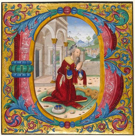 Historiated initial from a choir book, King David kneels in prayer (c ...