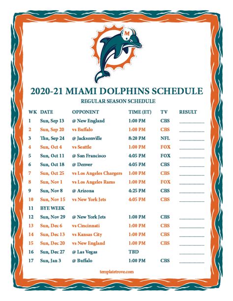 Miami Dolphins Printable Schedule - Printable Schedule