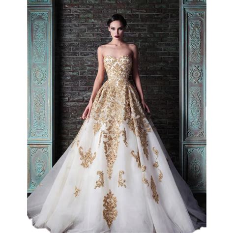 New Arrival white and gold wedding dress/dresses 2015 Luxurious Bridal Gown Beaded gold ...