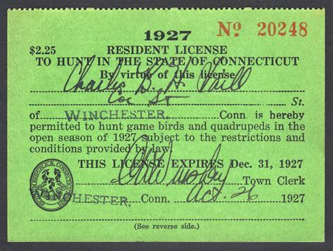 1927 Connecticut Resident License to Hunt - Waterfowl Stamps and More