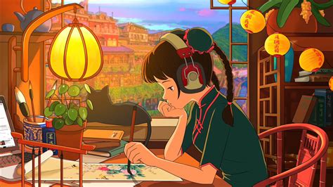 braids, sitting, LoFi, lantern, headsets, painting, cats, LofiGirl, anime girls, headphones ...