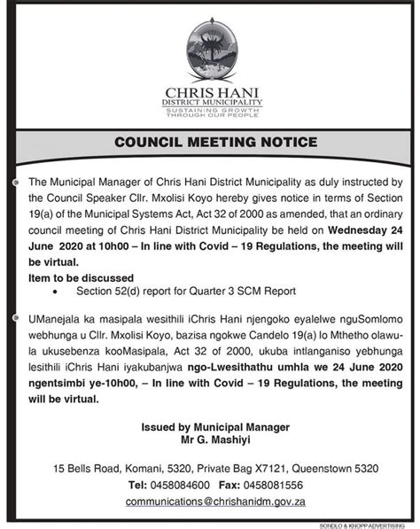 Council Meeting Wednesday 24 – Chris Hani District Municipality