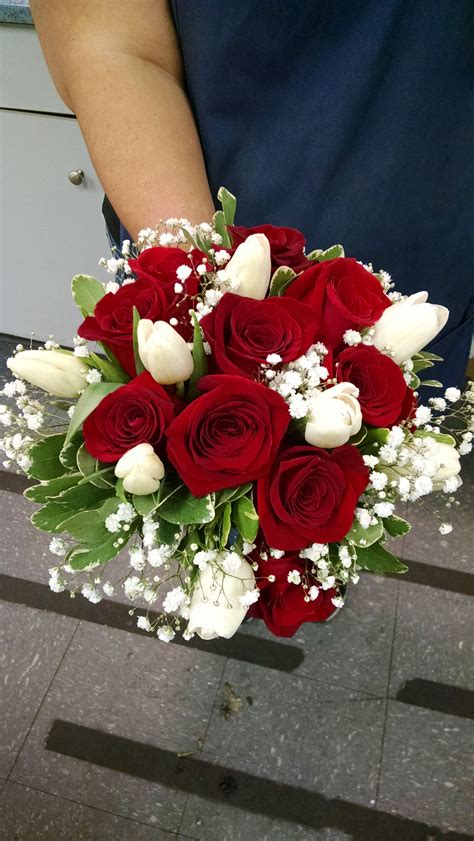 Red Roses, White Tulips, Babies Breath and Pitosporum Red And White Weddings, White Roses ...
