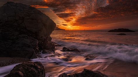 Beautiful Sunset Nature Scenery Ocean Waves Rocks Mountains During ...