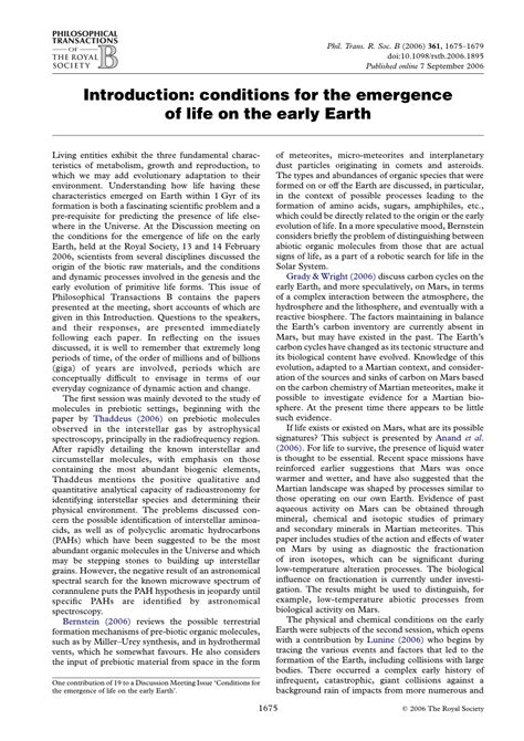 (PDF) Introduction: Conditions for the emergence of life on the early Earth