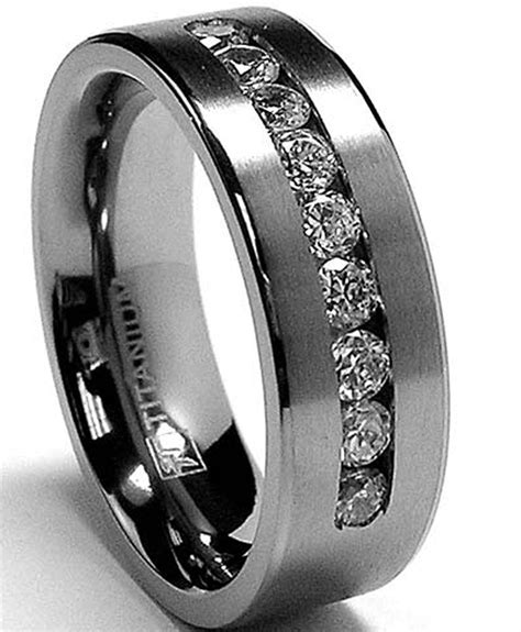 8 MM Men's Titanium ring wedding band with 9 large Channel Set Cubic Zirconia CZ size 12.5 ...