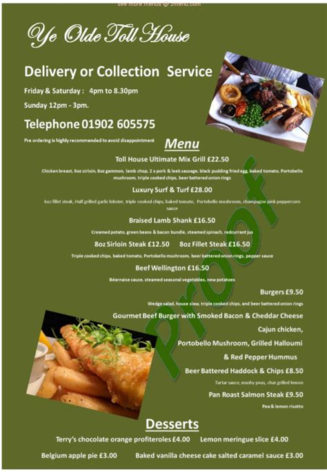 Menu at Ye Olde Toll House restaurant, Willenhall