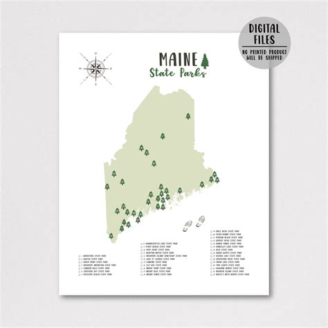 Maine State Parks Map-maine State Parks Checklist-state Parks of Maine Map Poster-adventure Map ...