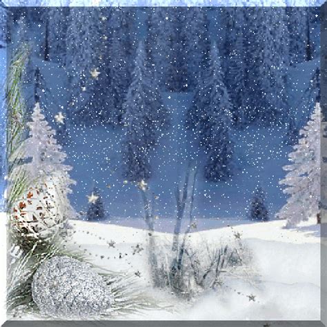 a snowy scene with pine trees and snow flakes