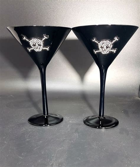 Set of 2 Black Martini Cocktail Glasses With Jeweled Skull and - Etsy