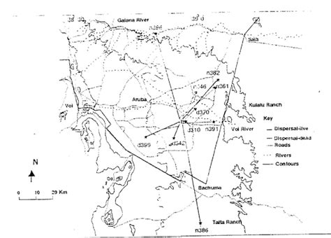 Map of Tsavo south of the Galana River showing 1996 hirola release boma... | Download Scientific ...