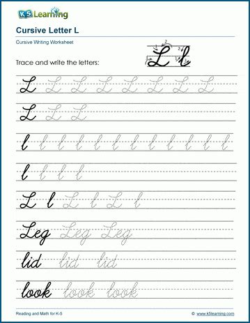 Cursive writing: Letter L worksheets | K5 Learning