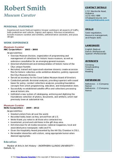 Museum Curator Resume Samples | QwikResume