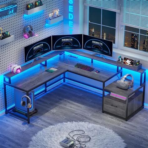 L SHAPED DESK Home Office Desk w/File Drawer LED Gaming Desk Computer ...