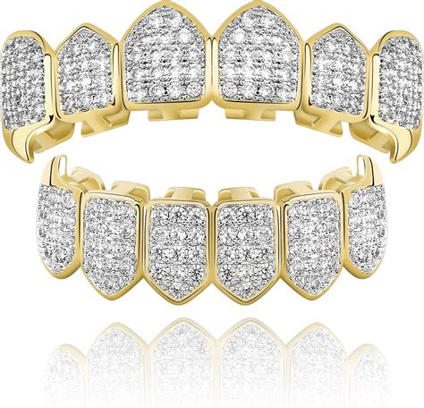 TOPGRILLZ Diamond Grills for Your Teeth Women 18K Gold Plated Fully Iced Out CZ Vampire Top and ...