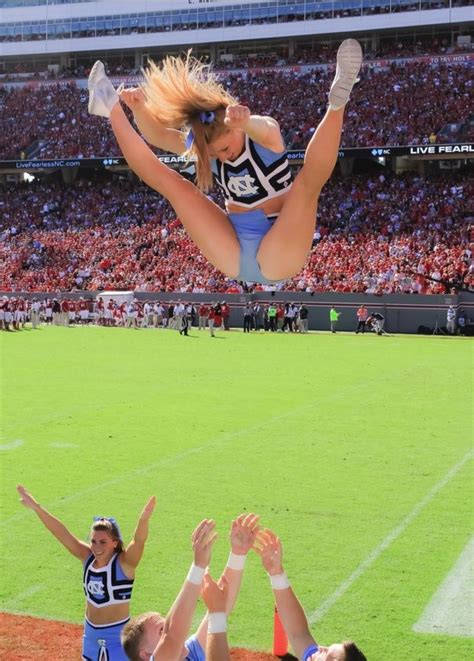 UNC Cheerleaders | Cheerleading stunt, Cheerleading, College cheerleading