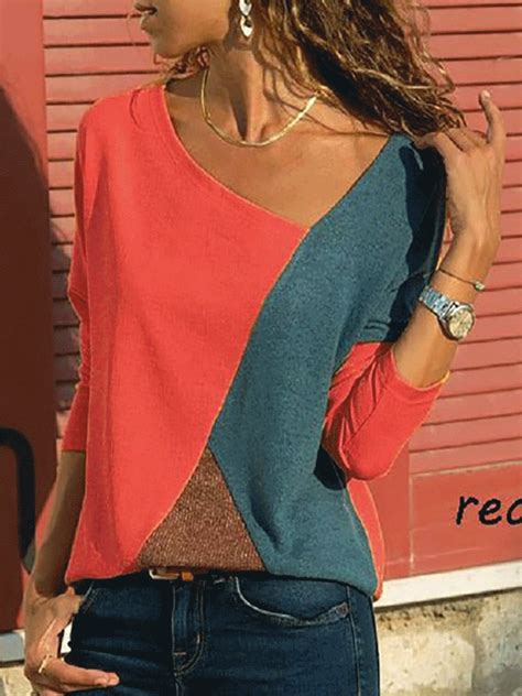 Asymmetric Neck Patchwork Contrast Stitching Sweatshirts | Patch work blouse, Casual tops ...