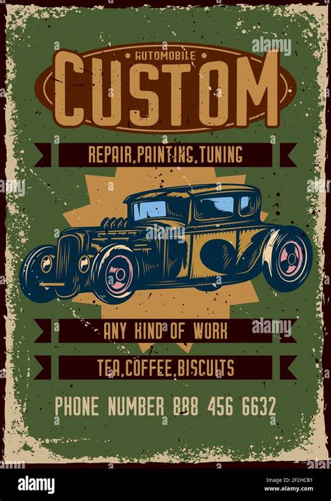 Poster design with illustration of advertising of custom car service on dusty background Stock ...