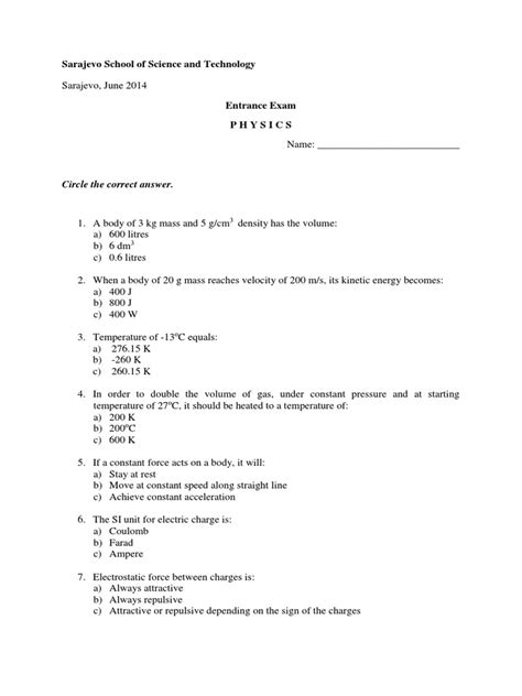 Physics Entrance Test 1 PDF | PDF | Electron | Gases