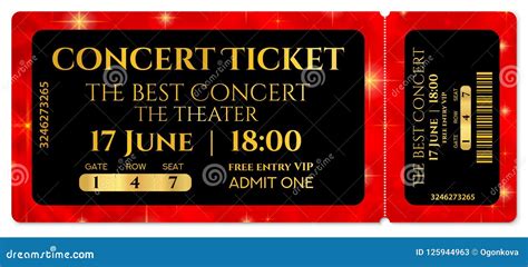 Ticket Template, Concert Ticket with Stars Tear-off Ticket Mockup on Red Starry Glitter ...