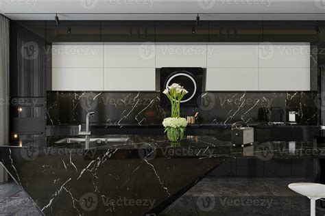 Open Kitchen, luxury interior and stylish black marble tiles wall decor ...