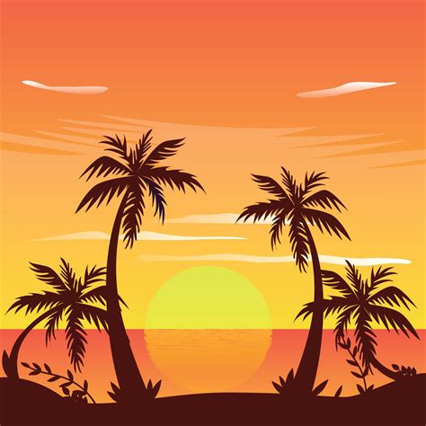 Colorful sunset on the tropical island. Beautiful ocean beach with palms illustration, Cartoon ...