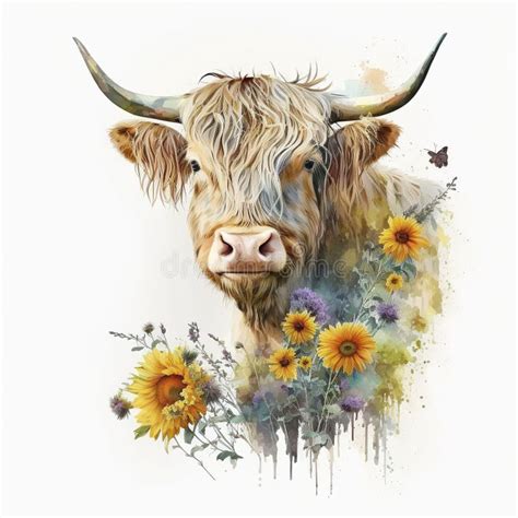 Highland Cow and the Sunflower Field Colorful Watercolor - Generative ...