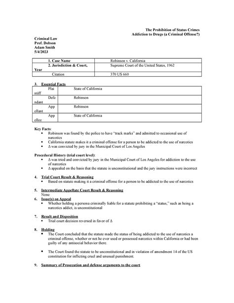 9.7.09 Robinson v. California - The Prohibition of Status Crimes Addiction to Drugs (a Criminal ...