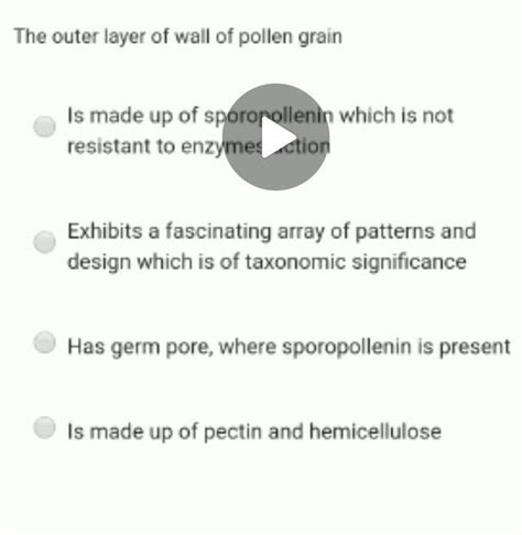 The outer layer of wall of pollen grain Is made up of sporopollenin which..