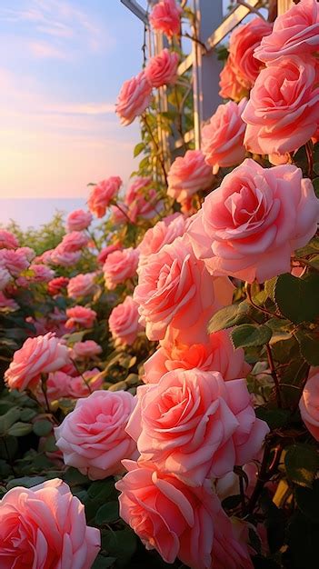 Premium AI Image | a pink rose in a garden at sunset