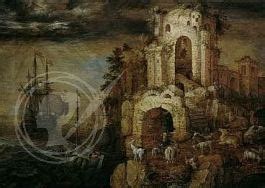 A Coastal Scene Under A Glowering Sky, With Goats And Other Animals And Peasants Among Ruins, A ...