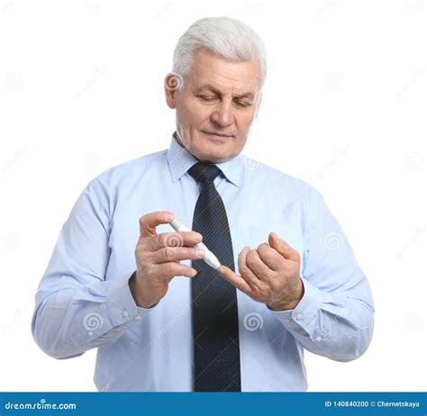 Senior Man Using Lancet Pen On White. Diabetes Control Stock Photo - Image of deficiency, health ...