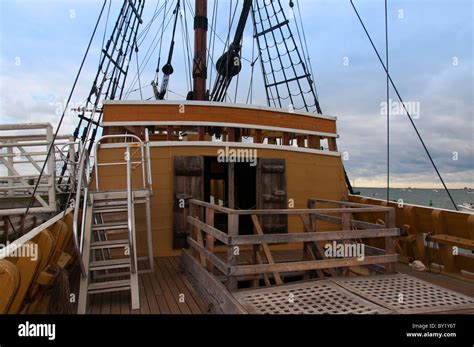 On board the replica of the Mayflower ,the Pilgrim Father's ship moored in Plymouth Harbour ...