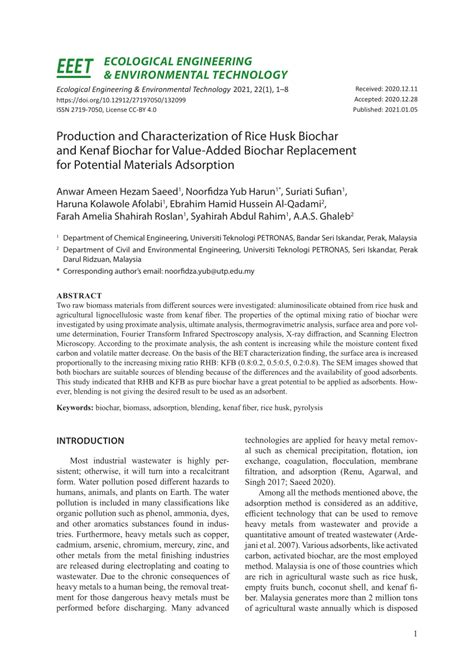 (PDF) Production and Characterization of Rice Husk Biochar and Kenaf ...