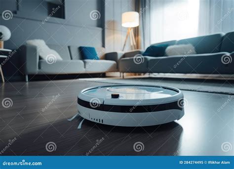 Robotic Vacuum Cleaner on Laminate Floor in Living Room at Home, a ...