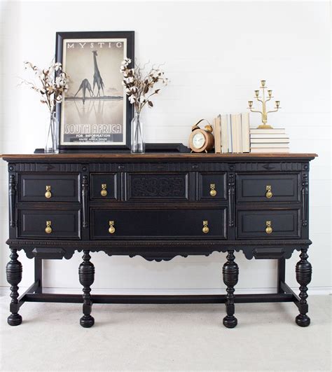 Vintage Black Buffet - Victorian Walnut Buffet Painted in "Licorice" Chalk Paint with Dark Walnu ...