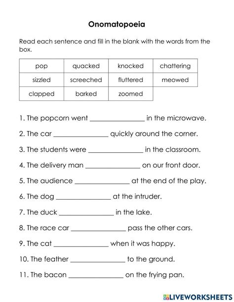 Onomatopoeia and Alliteration worksheet | Live Worksheets - Worksheets Library