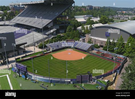 An aerial view of the Husky Softball Stadium on the campus of the University of Washington ...