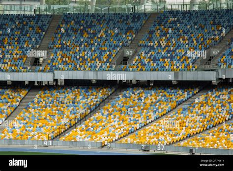 soccer stadium inside view. football field, empty stands, a crowd of ...