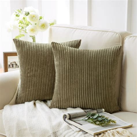 Soft Corduroy Striped Velvet Square Decorative Throw Pillow Cusion For Couch, 18" x 18", Olive ...